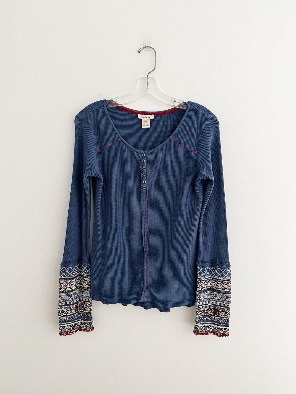 Sundance Caitlin Embroidered Beaded Cuff Henley Top Size Small Blue Waffle Knit - Picture 2 of 7